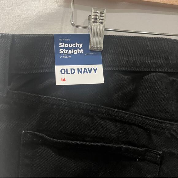 Old Navy Black Denim Jeans Womens Size 14 Slouchy Straight High Rise New Raw Hem - Picture 5 of 10